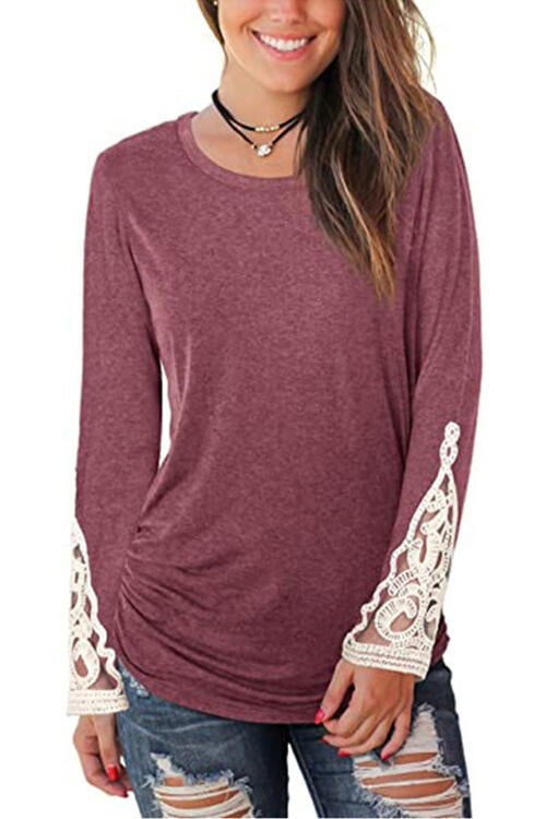 Lace Detail Long Sleeve Round Neck T-Shirt | 1mrk.com