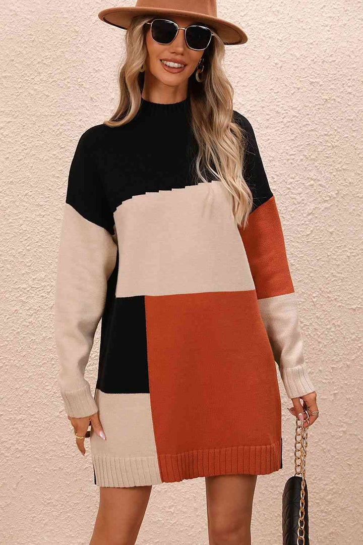 Color Block Mock Neck Dropped Shoulder Sweater Dress | 1mrk.com