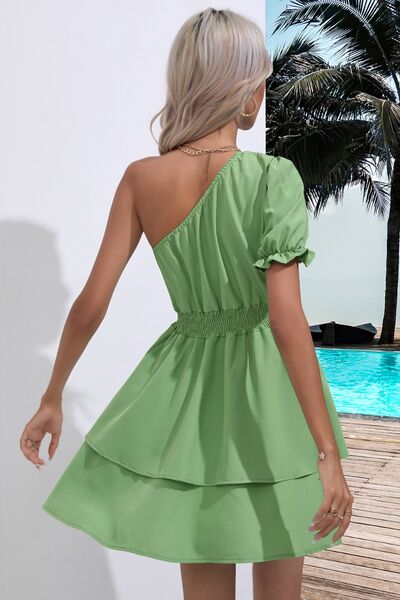 Layered Single Shoulder Flounce Sleeve Mini Dress |1mrk.com