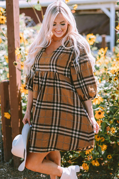 Plaid V-Neck Balloon Sleeve Dress |1mrk.com