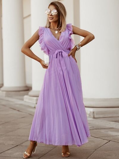 Tied Surplice Cap Sleeve Pleated Dress |1mrk.com