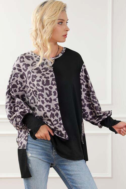 Leopard Round Neck Lantern Sleeve Slit Sweatshirt |1mrk.com