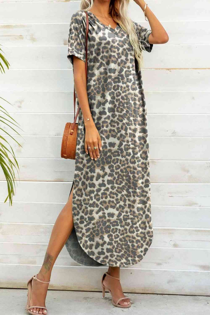 Printed V-Neck Curved Hem Dress |1mrk.com