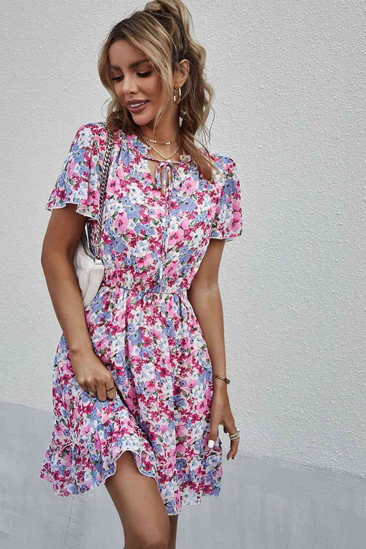 Floral Tie-Neck Flutter Sleeve Mini Dress |1mrk.com