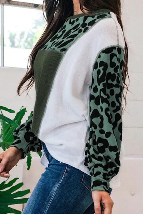 Leopard Color Block Exposed Seam Blouse | 1mrk.com