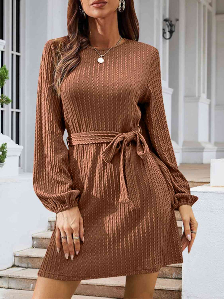 Round Neck Tie Front Long Sleeve Dress | 1mrk.com