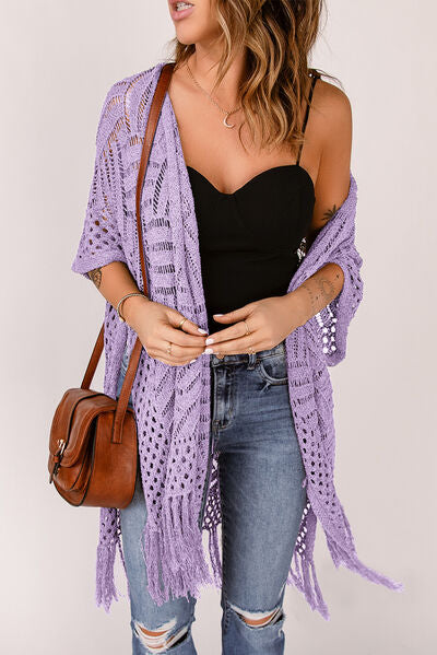 Openwork Open Front Cardigan with Fringes | Trendsi