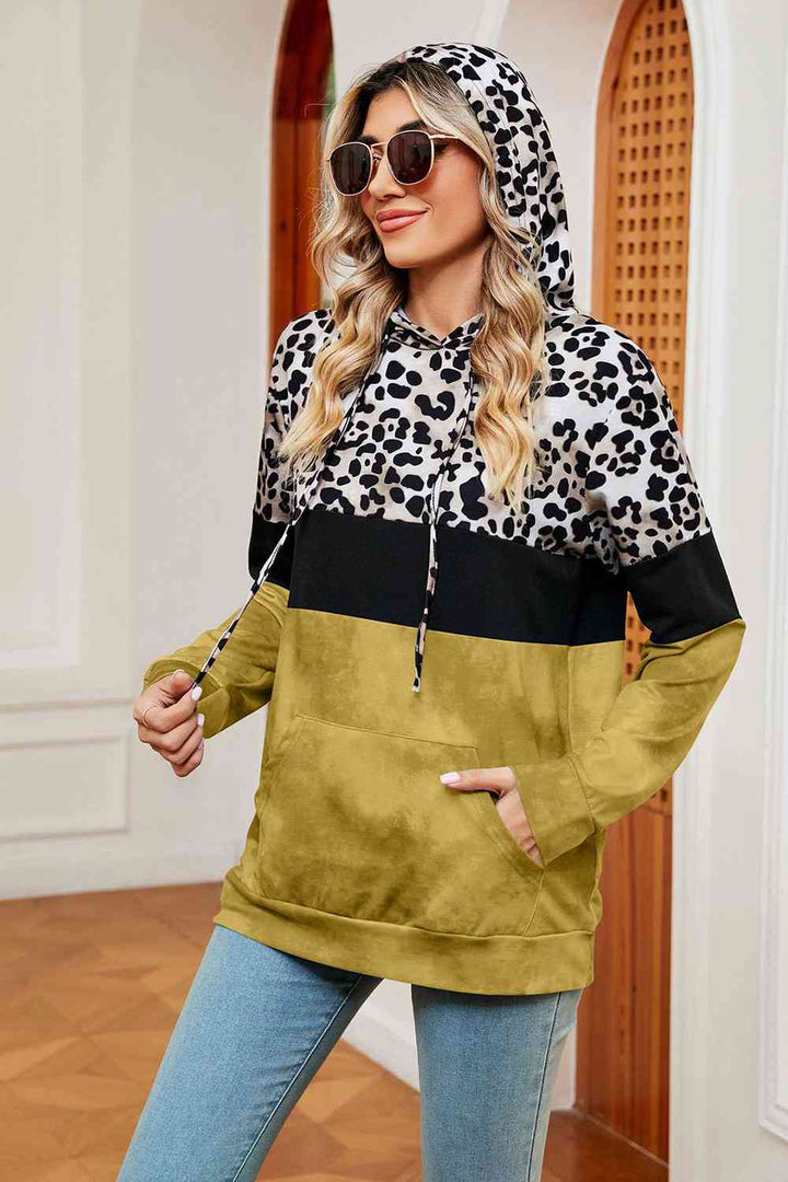 Leopard Drawstring Hoodie with Pocket |1mrk.com