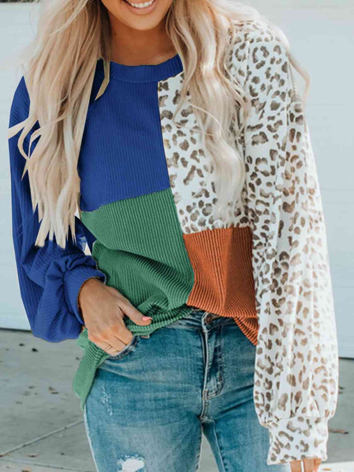 Color Block Leopard Round Neck Sweatshirt | 1mrk.com