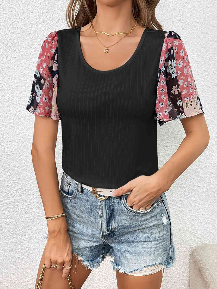 Printed Puff Sleeve Round Neck Tee | 1mrk.com