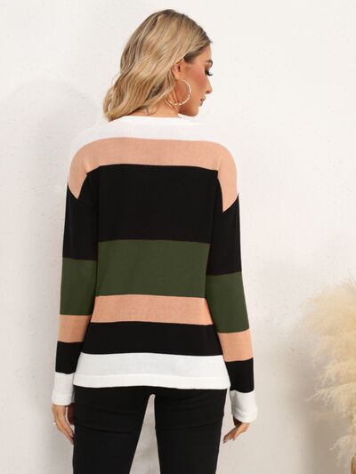 Striped Round Neck Dropped Shoulder Sweater |1mrk.com