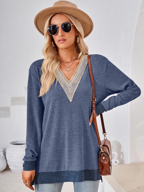 Crochet Contrast V-Neck Long Sleeve Slit T-Shirt | 1mrk.com