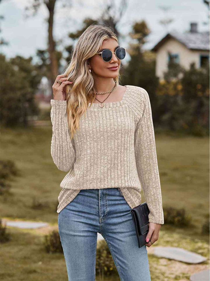 Full Size Ribbed Square Neck Long Sleeve T-Shirt | 1mrk.com