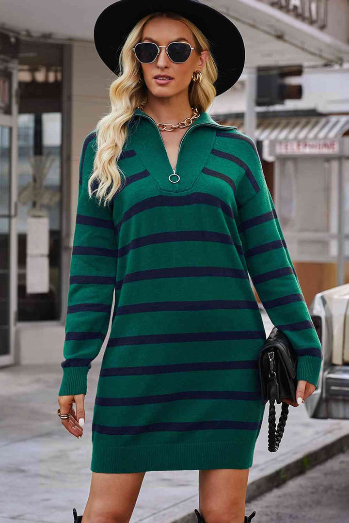 Striped Quarter-Zip Collared Sweater Dress |1mrk.com