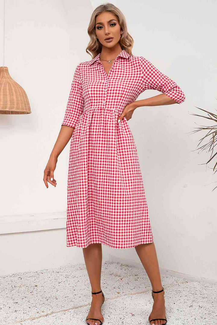 Plaid Collared Neck Midi Dress |1mrk.com