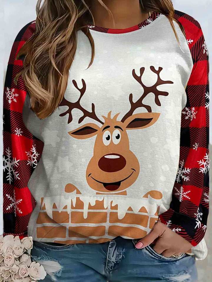 Plus Size Reindeer Graphic Round Neck Long Sleeve T-Shirt | 1mrk.com