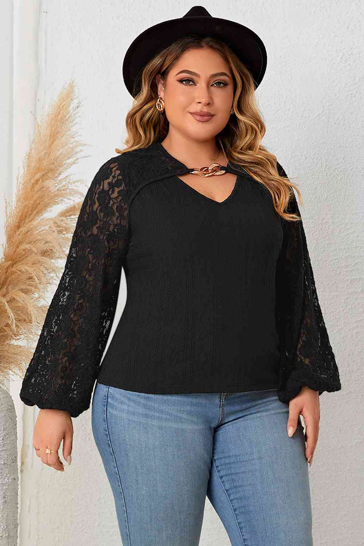 Plus Size Cutout Front Lace Sleeve Blouse | 1mrk.com