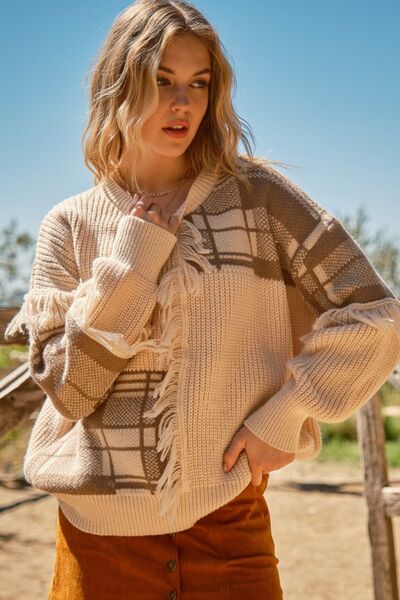 And The Why Plaid Pattern Color Block Fringe Sweater | Trendsi