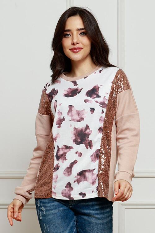 Sequin Animal Print Round Neck Sweatshirt | 1mrk.com