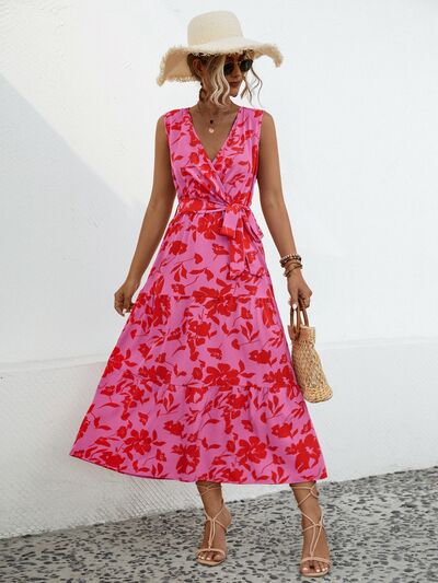 Tied Printed Surplice Tiered Dress |1mrk.com