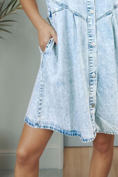 Button Up Flounce Sleeve Denim Dress |1mrk.com