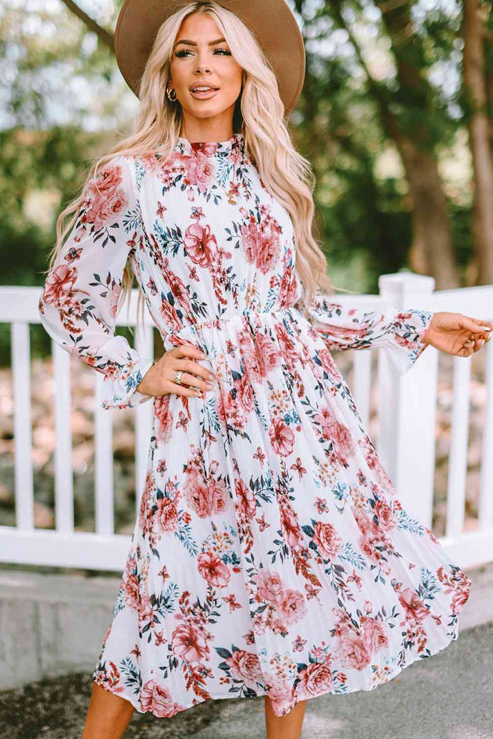 Floral Mock Neck Flounce Sleeve Midi Dress | 1mrk.com