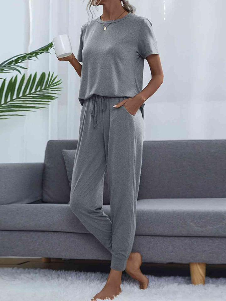 Round Neck Short Sleeve Top and Pants Set | 1mrk.com