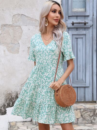 Floral V-Neck Short Sleeve Tiered Dress |1mrk.com