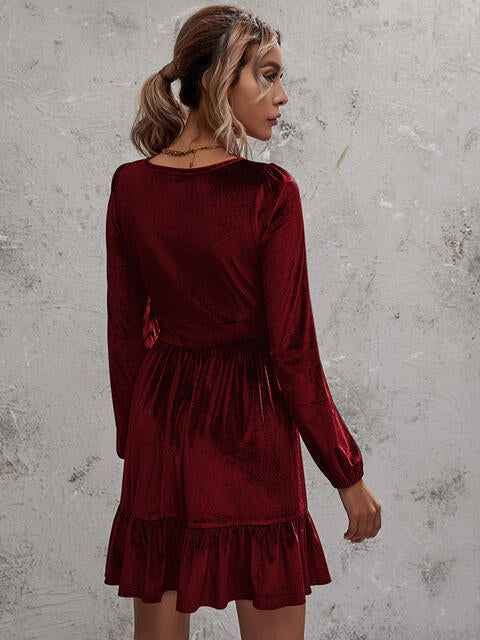 Plunge Long Sleeve Ruffle Hem Dress | 1mrk.com