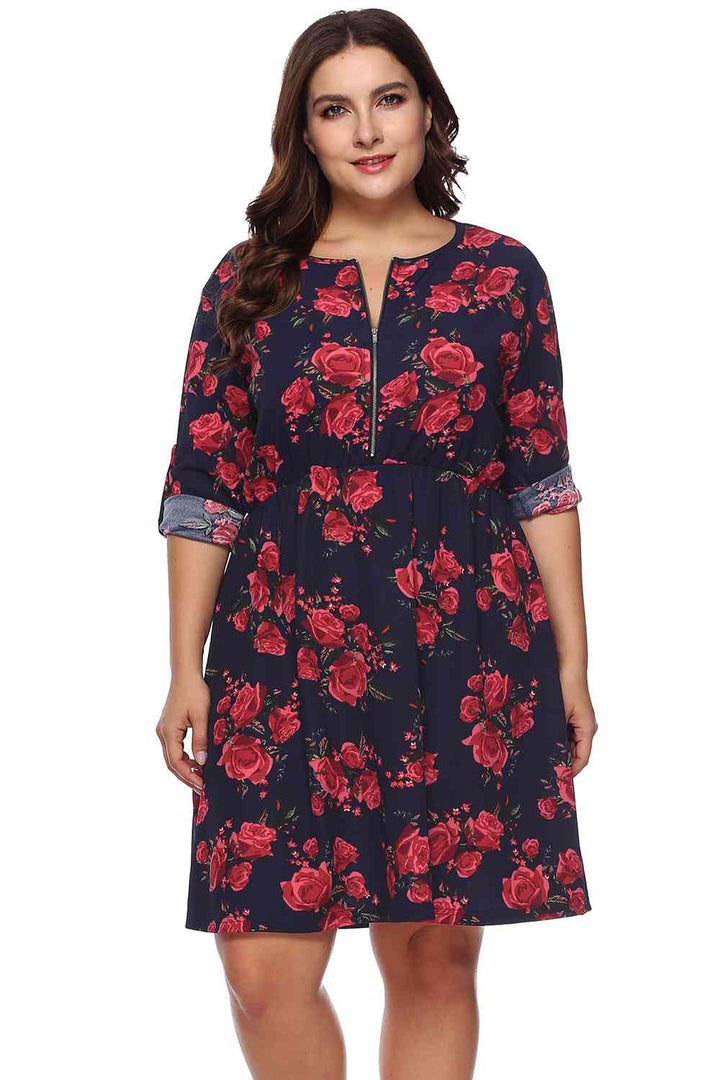 Plus Size Floral Print Half Zip Up Dress |1mrk.com