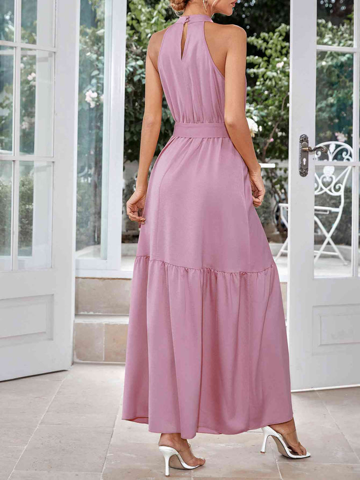 Belted Grecian Neck Tiered Maxi Dress |1mrk.com