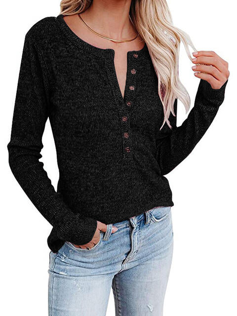 Round Neck Buttoned Long Sleeve T-Shirt | 1mrk.com