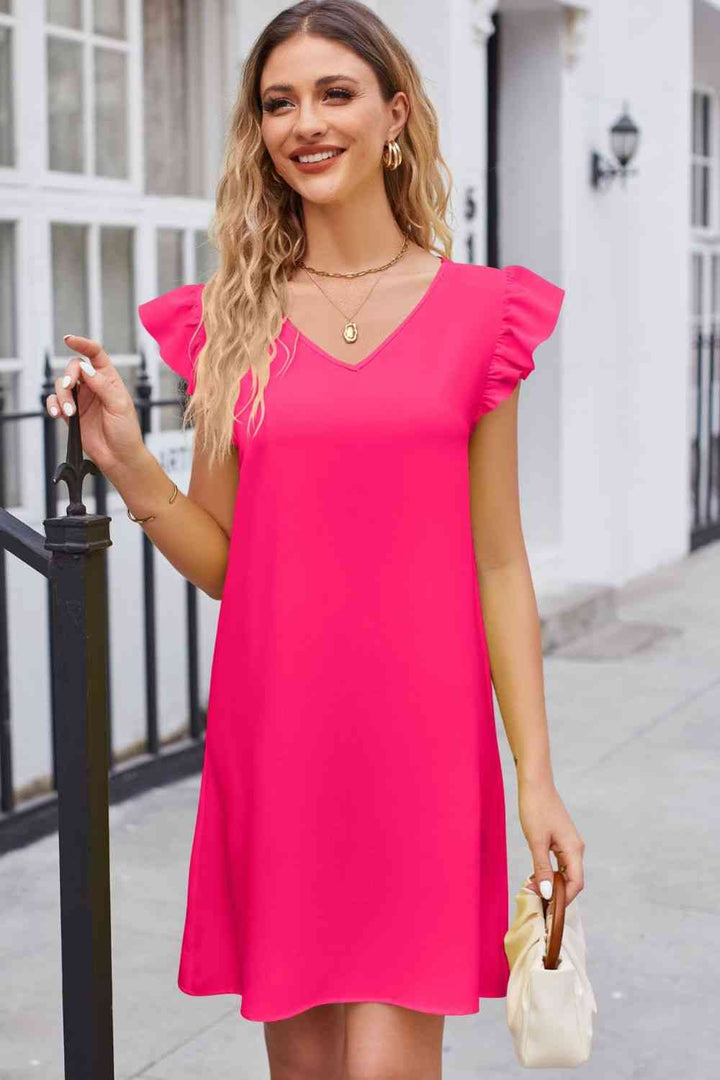 Ruffled V-Neck Flutter Sleeve Dress |1mrk.com