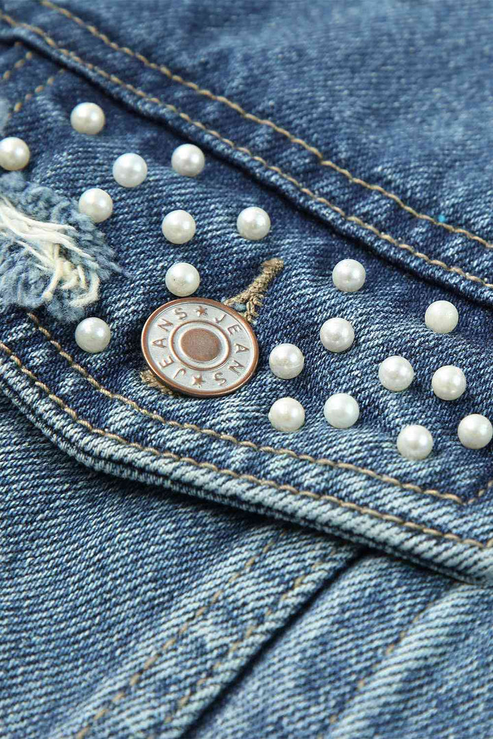 Pearl Detail Distressed Button Up Denim Jacket | 1mrk.com