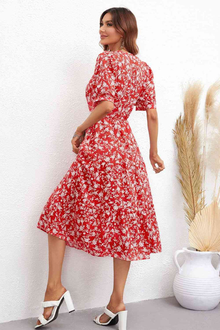 Floral Tie Waist Puff Sleeve Midi Dress |1mrk.com