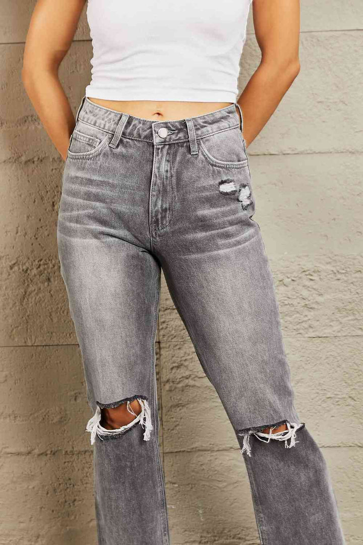 BAYEAS Stone Wash Distressed Cropped Straight Jeans | 1mrk.com