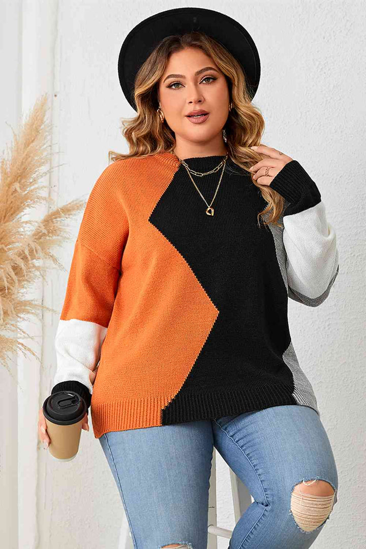 Plus Size Color Block Round Neck Knit Top | 1mrk.com