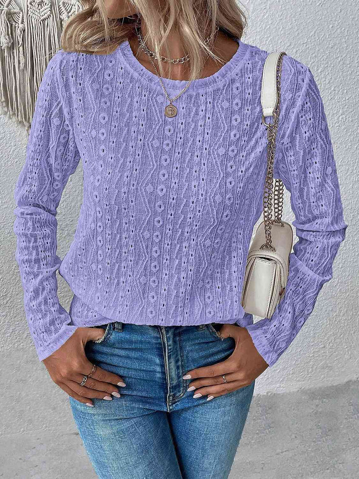 Eyelet Round Neck Long Sleeve Top | 1mrk.com