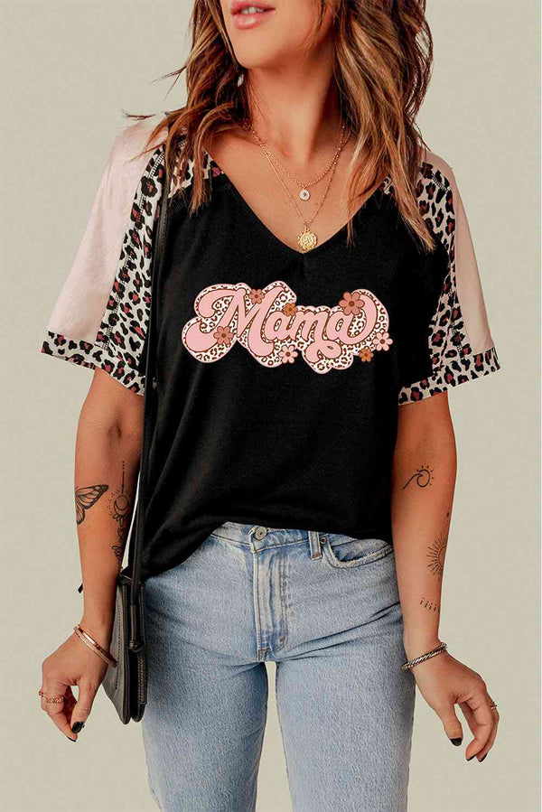 MAMA Graphic Leopard V-Neck Tee Shirt | 1mrk.com