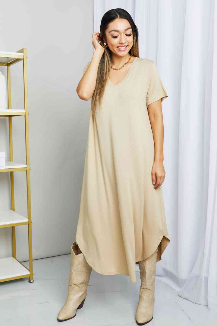 HYFVE V-Neck Short Sleeve Curved Hem Dress in Caffe Latte | 1mrk.com