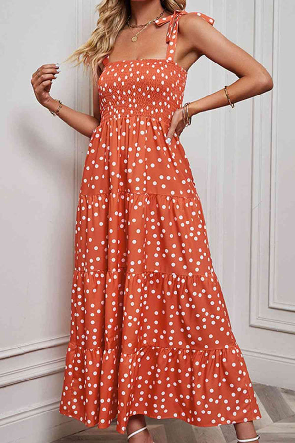 Polka Dot Smocked Tiered Sleeveless Dress | 1mrk.com
