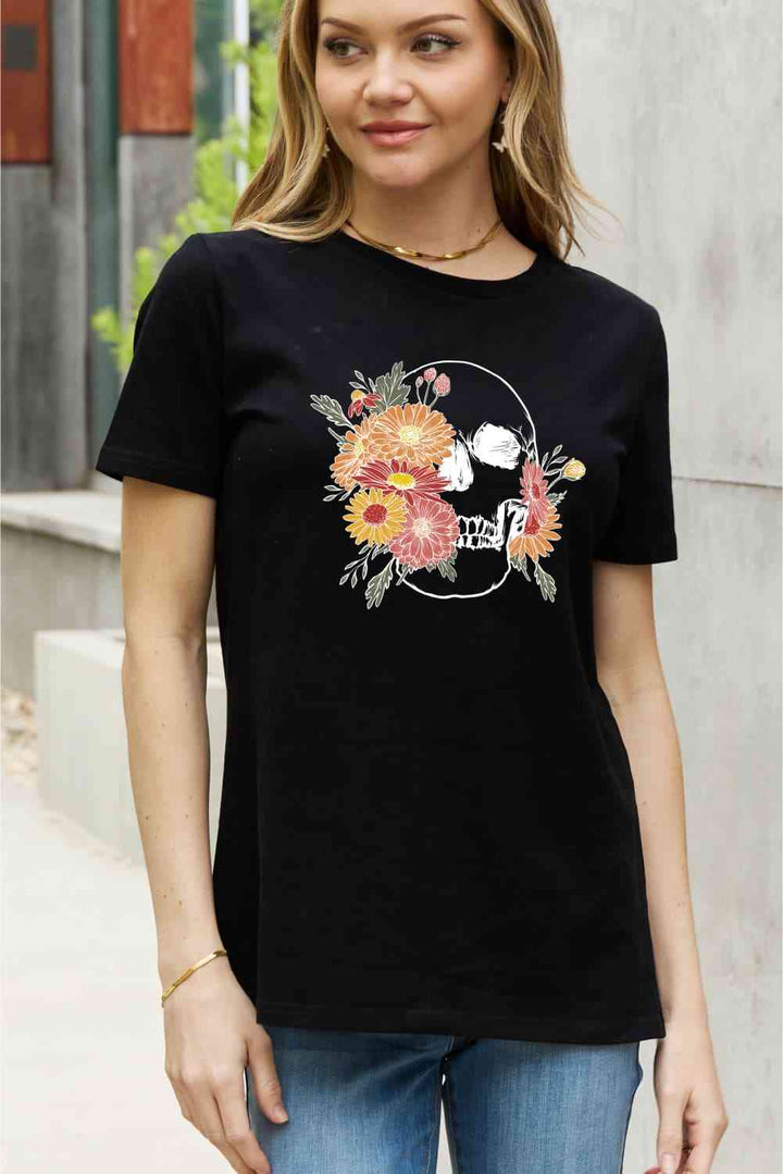 Simply Love Full Size Flower Skull Graphic Cotton Tee | 1mrk.com