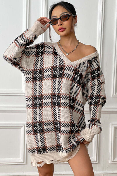 Plaid V-Neck Long Sleeve Sweater Dress | 1mrk.com