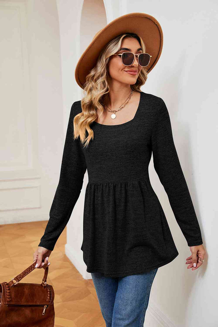 Square Neck Long Sleeve Peplum Top | 1mrk.com