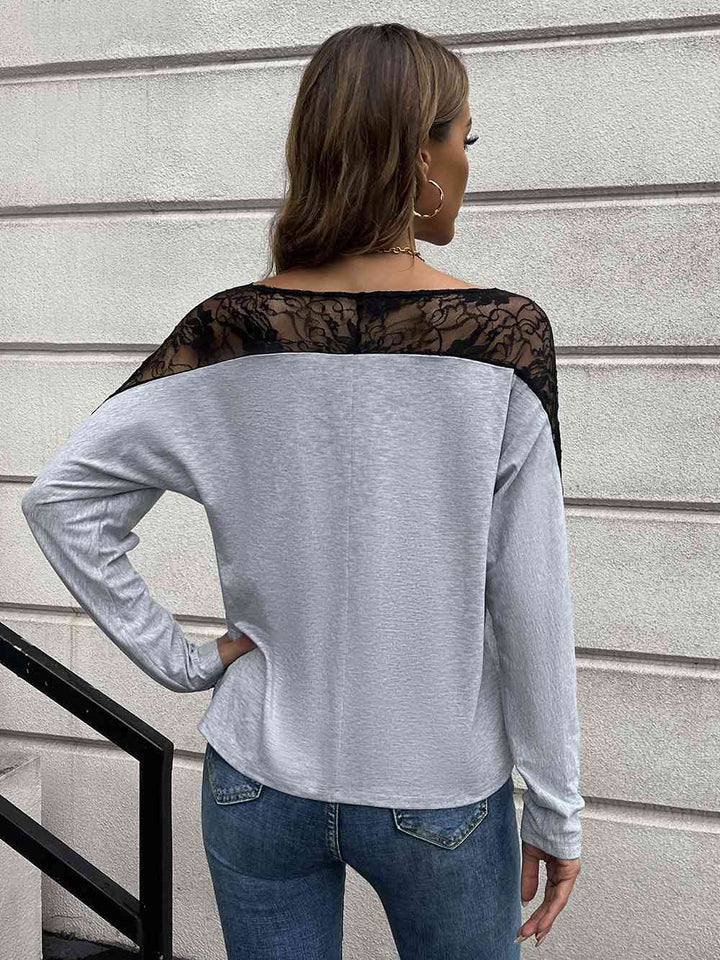 Lace Long Sleeve Round Neck Tee | 1mrk.com