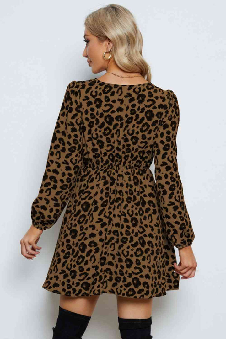 Leopard V-Neck Balloon Sleeve Dress |1mrk.com