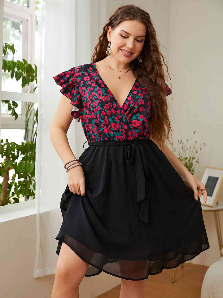 Plus Size Floral Surplice Neck Flutter Sleeve Dress |1mrk.com