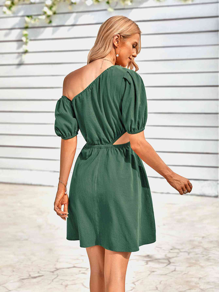 Cutout Asymmetrical Neck Puff Sleeve Dress |1mrk.com