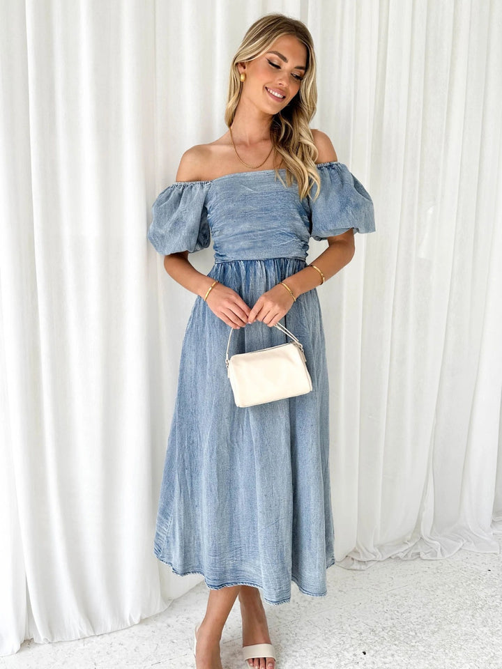 Off-Shoulder Balloon Sleeve Denim Dress | Trendsi