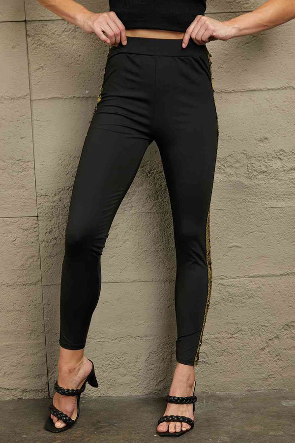 Double Take Sequin Stripe High Waist Ankle Length Pants | 1mrk.com
